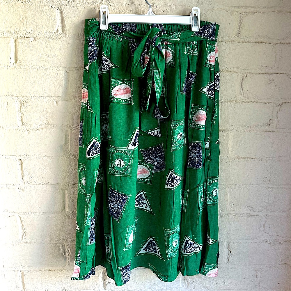 Anthropologie Porridge sz small green pink and white stamp mail boho maxi skirt